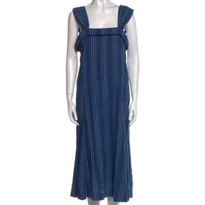 THE GREAT. Blue and White Striped Midi Dress
